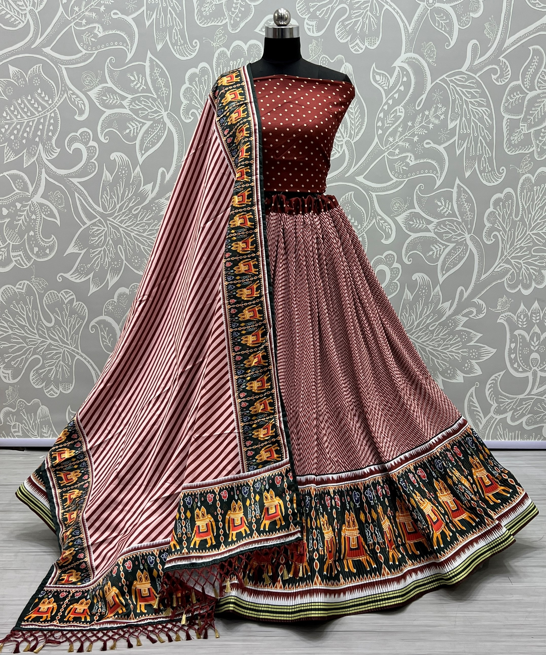 WINE AND PEACH Printed Silk Festival Wear Lehenga Choli